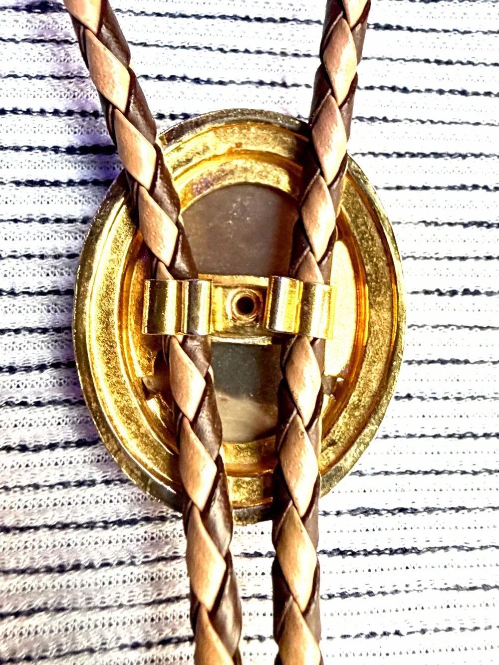 Vintage Brown Stone Bolo Tie- Western Braided Leather Gold Tone- Southwest